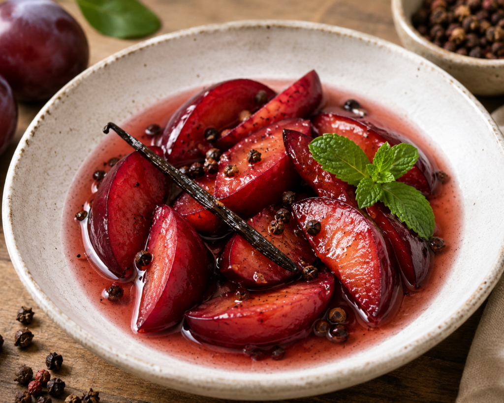 Recette de prunes à la vanille et au baies de timut